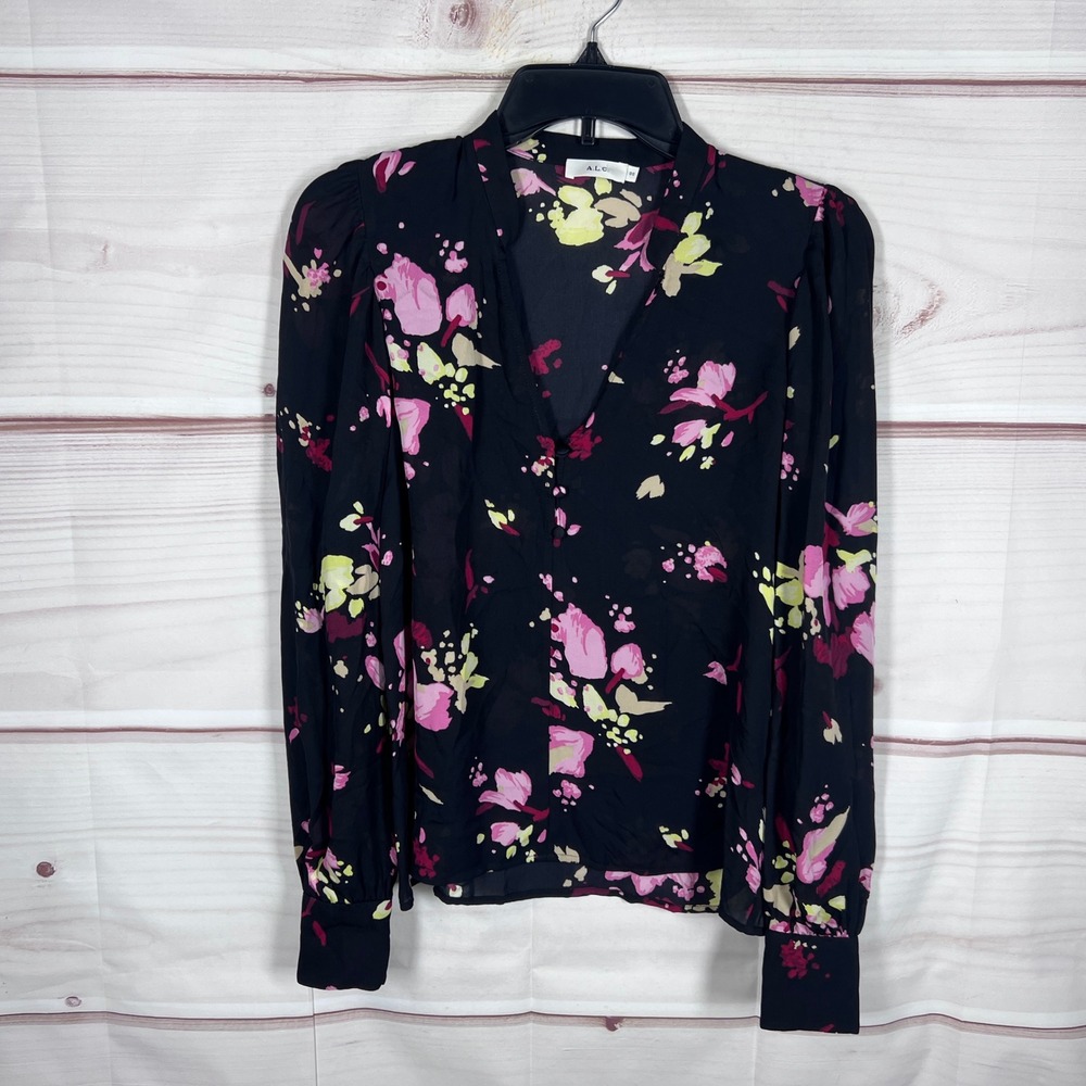 A.L.C. Blouse Womens Size 00 Black Floral Silk V-Neck Puff Sleeve Top Office